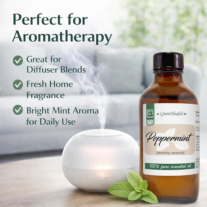 GreenHealth Peppermint Essential Oil 4 fl oz - 100% Pure Essential Oil - Amber Glass Bottle w/Glass Dropper - Fresh Mint Aroma for Diffusers, Candles, Soap Making, DIY Use Greenals