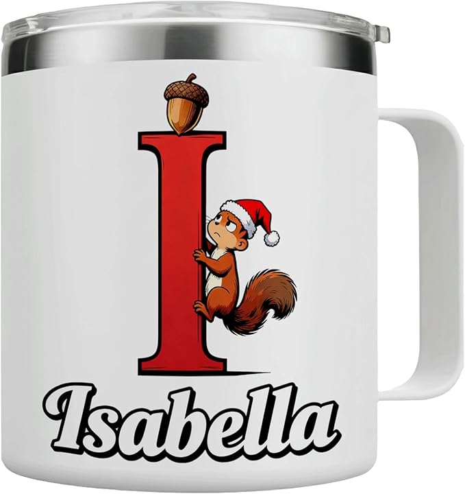 JugJug Personalized Christmas Squirrel Mug with Initial & Name - Cute 12oz Insulated Coffee Cup with Lid - Holiday Xmas Gifts for Kids, Girls (B171) - Bloomnest