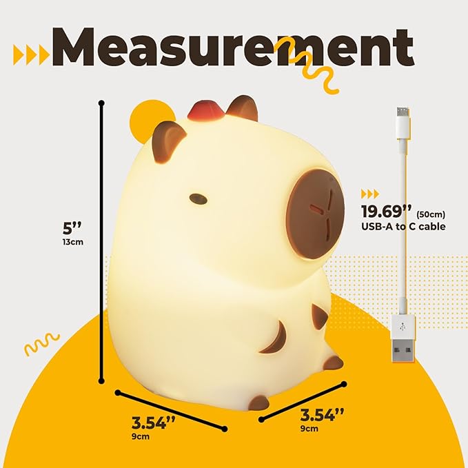 LED Squishy Animal Night Light - 2 Level Dimmable Nursery Lamp for Kids, Rechargeable Touch Lamp, Cute Dorm Decor - Perfect Baby Boys Girls Gift (Kapibala) - Bloomnest