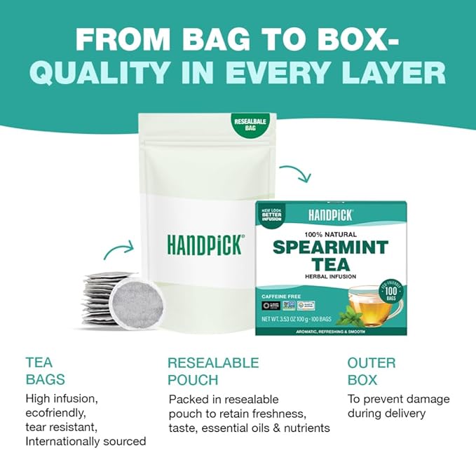 HANDPICK, Spearmint Tea Bags for PCOS relief (100 Herbal Tea Bags) |Refreshing Mint Tea | Non-GMO | Round Eco-Conscious Teabags - Bloomnest