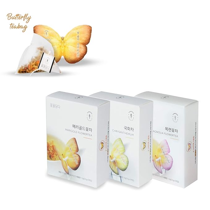 KKOKDAM Fancy Korean Tea Set Sampler – 3 Flavor Yellow Teas, Variety Pack with Butterfly Bags – Perfect and Elegant Korean Gift Box for Women- Perfect as Unique Tea Gifts or Gift Set for Women - Bloomnest