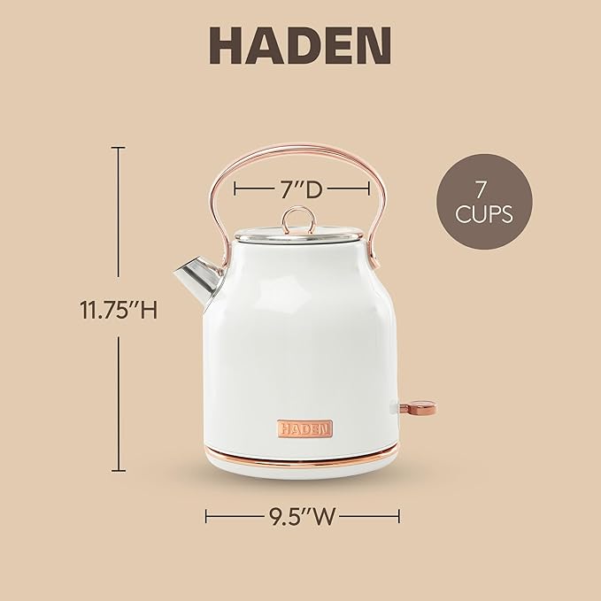 Haden Heritage 1.7 Liter Stainless Steel Electric Kettle, Hot Water Kettle with 360-Degree Base and Auto Shutoff, Ivory & Copper - Bloomnest
