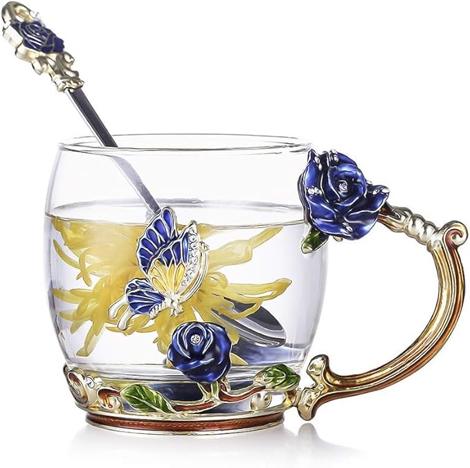 Luka Tech Enamels Butterfly flower Lead-free Glass Coffee Mugs Tea Cup with Steel Spoon, personalised Gifts For Women Wife Mom Friends Birthday Mothers Valentines Day Wedding (Blue) - Bloomnest