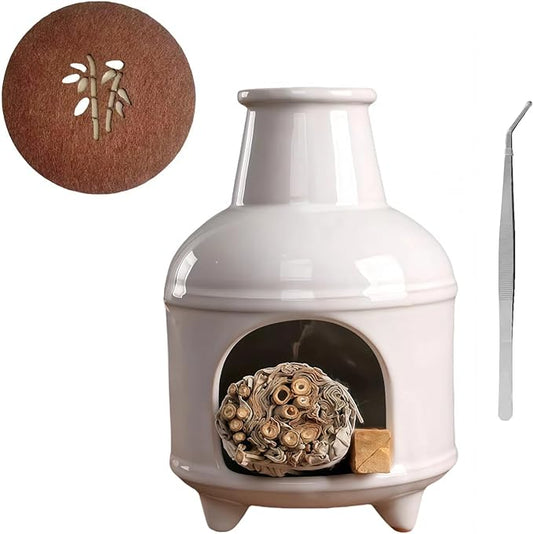 Handmade White Ceramic Palo Santo Holder Burner & Sage Holder - Mini Tabletop Chiminea Burner Tray with Ash Catcher, Decorative Incense Holder for Spiritual Meditation & Yoga