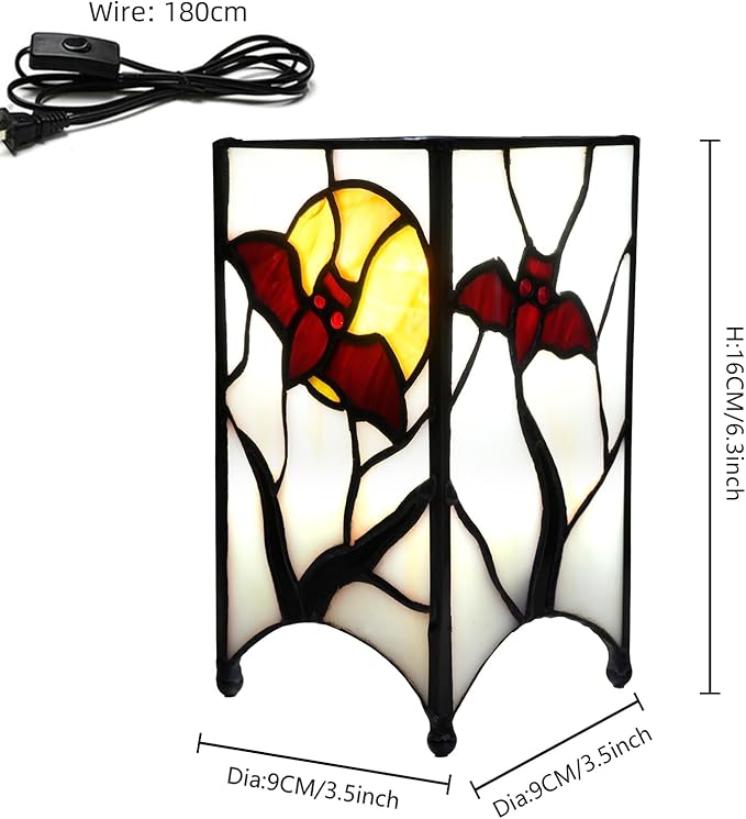 Tiffany Lamp Halloween Red Bat in Moon Small Bedside Lamp Antique Style Stained Glass Desk Light for Home Decor Boys Girls Christmas Halloween Gifts - Bloomnest