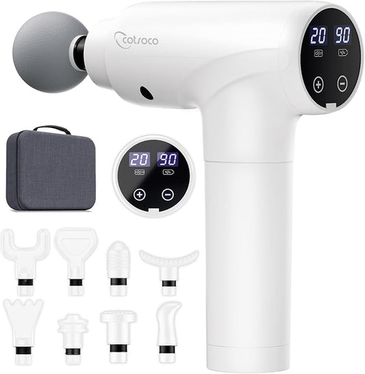 cotsoco Massage Gun Deep Tissue, Muscle Massage Gun with 9 Attachment Heads 20 Speeds & Silent Brushless Motor for Pain Relief, Handheld Percussion Back Massager Gun for Athletes(White) - Bloomnest