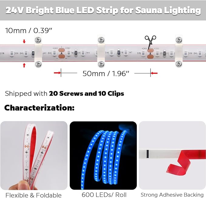 SuperLightingLED 24 Volt Blue LED Strip Sauna Light, Heat-Tolerant Flexible Dimmable Cuttable 5m/16.4ft 600 LEDs High-Density Bright IP68 Waterproof Sauna Room LED Tape (Blue) Bloomnest