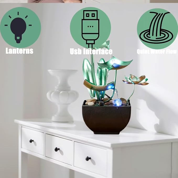 Tabletop Water Fountain: 3-Tier Tabletop Fountain Lotus Desk Relaxation Home Decor - Blooms and Leaves Flowing Water for Relaxing Décor Green - Bloomnest