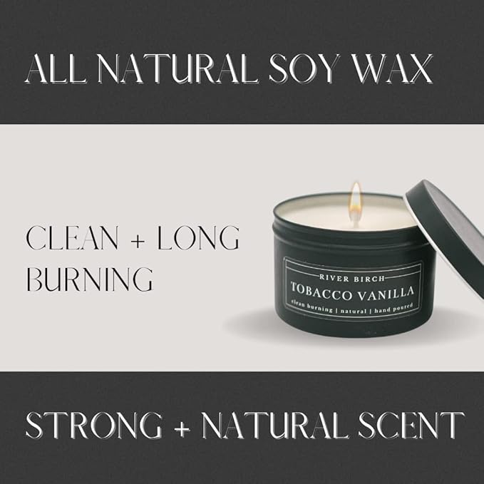 River Birch Candles Tobacco Vanilla Scented Candle | Premium, All-Natural, Non-Toxic, Soy Candles | 8 oz. Black Matte Tin Travel Candle | Cozy Relaxing Gifts for Home - Bloomnest