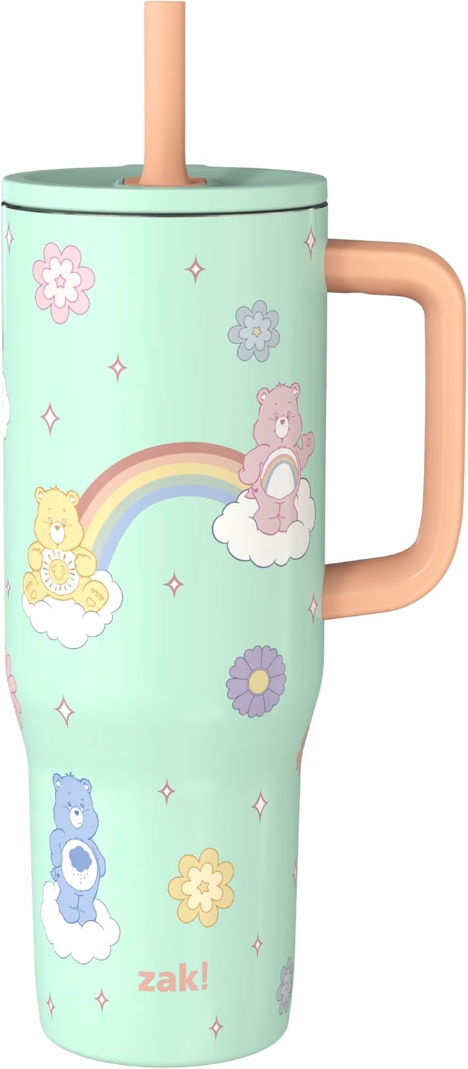 Zak Designs Care Bears Sutton Travel Tumbler for On the Go, 30oz Stainless Steel with Vacuum Insulation, Silicone Straw, and Carry Handle for Cold Drinks (Care Bears) - Bloomnest