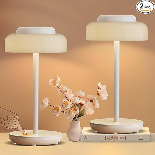 QiMH Battery Operated LED Table Lamp, 5000mAh Rechargeable Cordless Lamp Set of 2, Stepless Dimmable Touch Control, Small Waterproof Desk Night Light for Living Room, Bedroom, Outdoor Bar (White) - Bloomnest