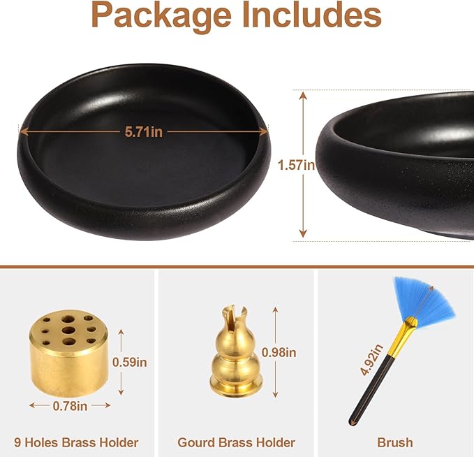 Incense Holder for Sticks, Sage, Coil Incense, Incense Stick Holder 5.71" for Yoga Meditation Energy Cleansing, Ceramic Incense Burner Holder with 9 Holes, Ash Catcher, Smudge Bowl (Black) - Bloomnest
