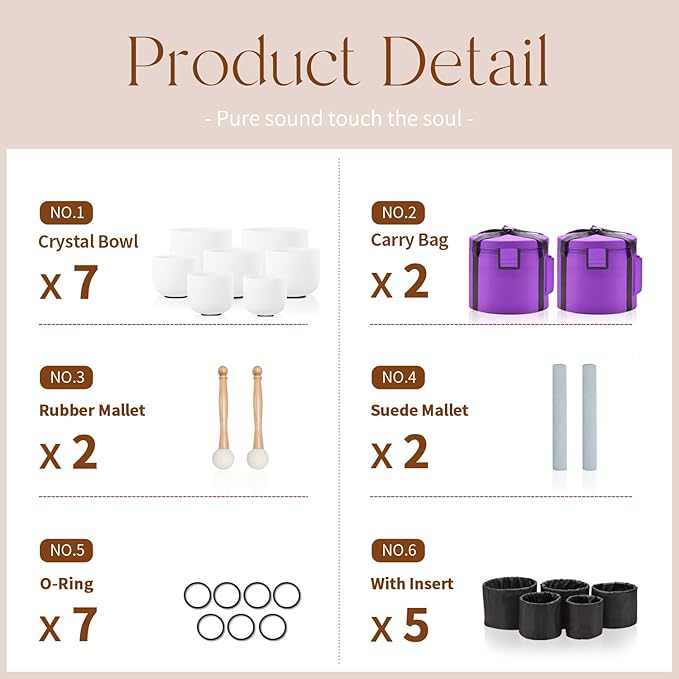 CVNC 432HZ 7-12 Inch Set Of 7 Pcs Frosted Quartz Crystal Singing Bowls With 2 Pcs Carrying Case bag Sound Healing - Bloomnest