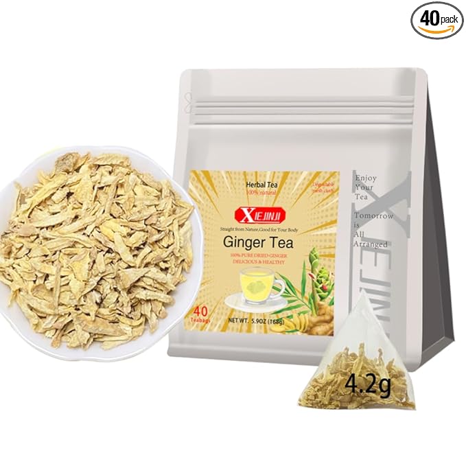 Ginger Tea Bags, 100% Pure Dry Ginger Root, 4.2gx40Count, Re-usable for Brew, Spicy Digestive Ease, Immune System Support Anytime, Eco-Conscious Tea Bags, Resealable Bag - Bloomnest