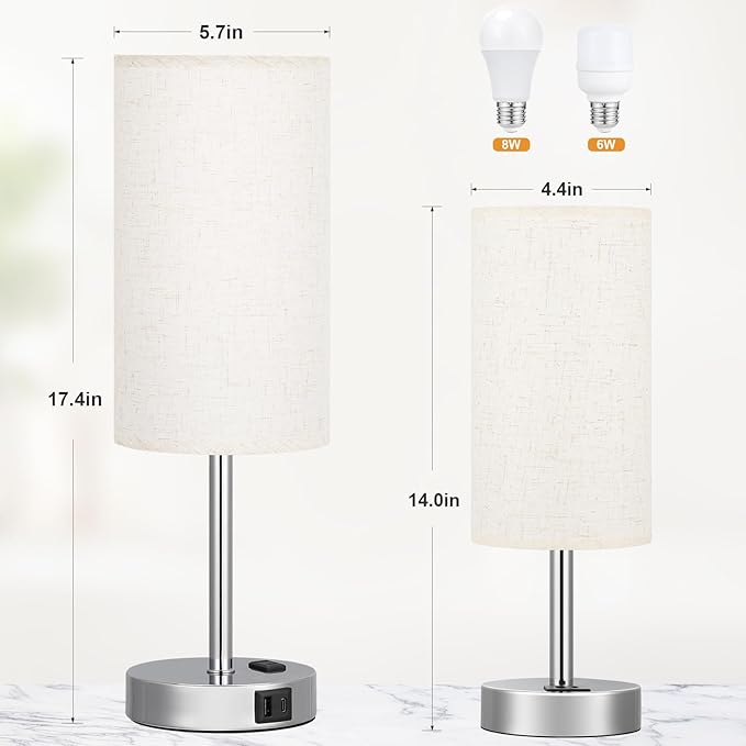 17.4Inch Bedside Touch Table Lamps for Bedroom Nightstand with USB-C USB-A Charging Ports White - 3 Way Dimmable Control Small Lamp Fabric Shade Silver Base for Office, Dorm Room, Living Room, Reading - Bloomnest