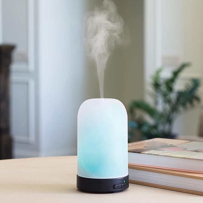 Airome Frosted Glass Medium Glass Essential Oil Diffuser|100 mL Humidifying Ultrasonic Aromatherapy Diffuser 8 Colorful LED Lights, Intermittent & Continual Mist, Auto Shut-Off, White Airom%C3%A9