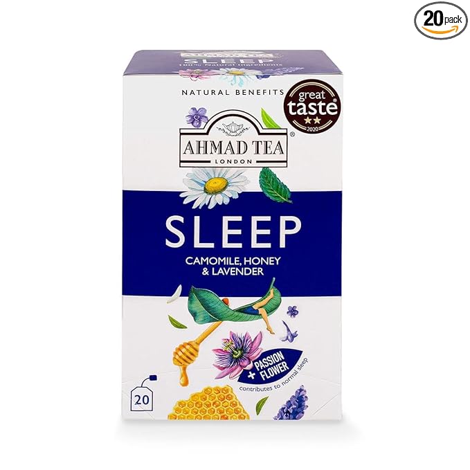 Ahmad Tea Herbal Tea, Camomile, Honey, & Lavender 'Sleep' Natural Benefits Teabags, 20 ct (Pack of 1) - Decaffeinated & Sugar-Free - Bloomnest