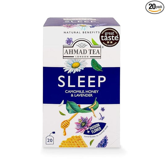 Ahmad Tea Herbal Tea, Camomile, Honey, & Lavender 'Sleep' Natural Benefits Teabags, 20 ct (Pack of 1) - Decaffeinated & Sugar-Free - Bloomnest