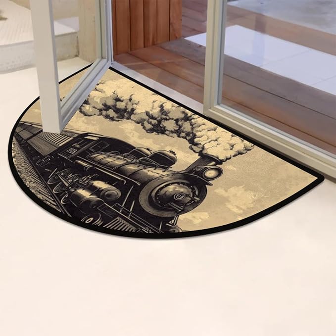 Half Round Door Mat,Old Train Steam Locomotive Half Circle Rug for Home Decor Floor Indoor Outdoor Non-Slip Washable Steam Train Half Moon Rug Doormat 36X24 Inch - Bloomnest