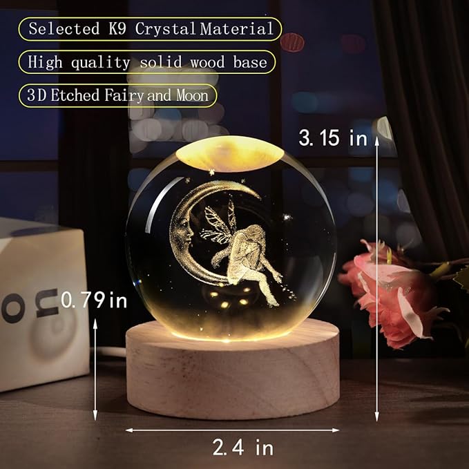 3D Fairy Crystal Ball with LED Stand, Fairies Figurines Lamp Night Light, Fairy Moon Decor Glass Sphere Balls Gifts for Women Girls Mom Kids(60mm) - Bloomnest
