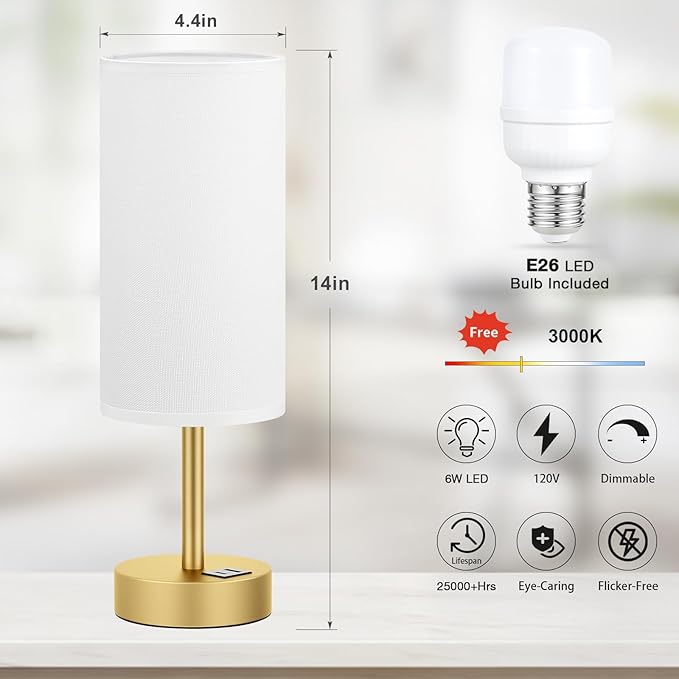 Dicoool Small Touch Bedside Lamp with USB - 3 Way Dimmable Table Lamp for Bedroom, Nightstand Lamp with Gold Charging Station for Desk Dorm, Office - Bloomnest