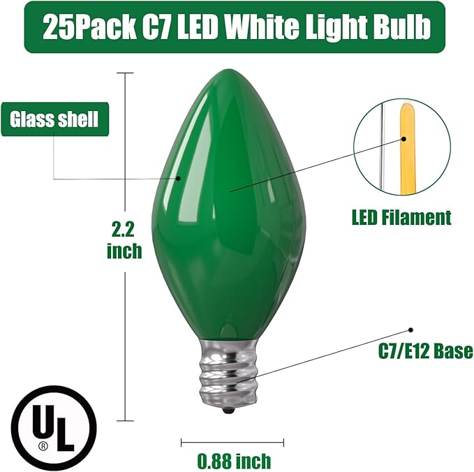 SUNSGNE 25 Pack Green Ceramic Christmas Light Bulbs St. Patrick's Light Bulbs for C7 Christmas St. Patrick's Day Decor, E12 Candelabra Base, 0.6W - Bloomnest