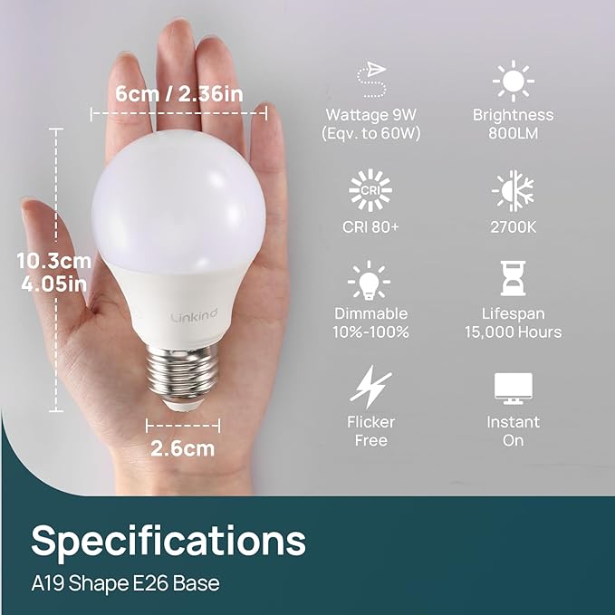Linkind A19 LED Light Bulbs Dimmable, 60W Equivalent, Energy Efficient 9W, 2700K, 800 Lumens, E26 Standard Base, Lighting for Bedroom Living Room Home Office, 6 Packs - Bloomnest
