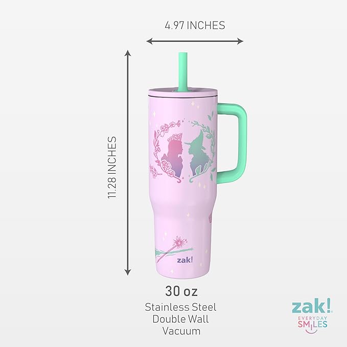 Zak Designs Wicked: For Good Sutton Travel Tumbler for On the Go, 30oz Stainless Steel with Vacuum Insulation, Silicone Straw, and Carry Handle for Cold Drinks (Glinda and Elphaba) - Bloomnest