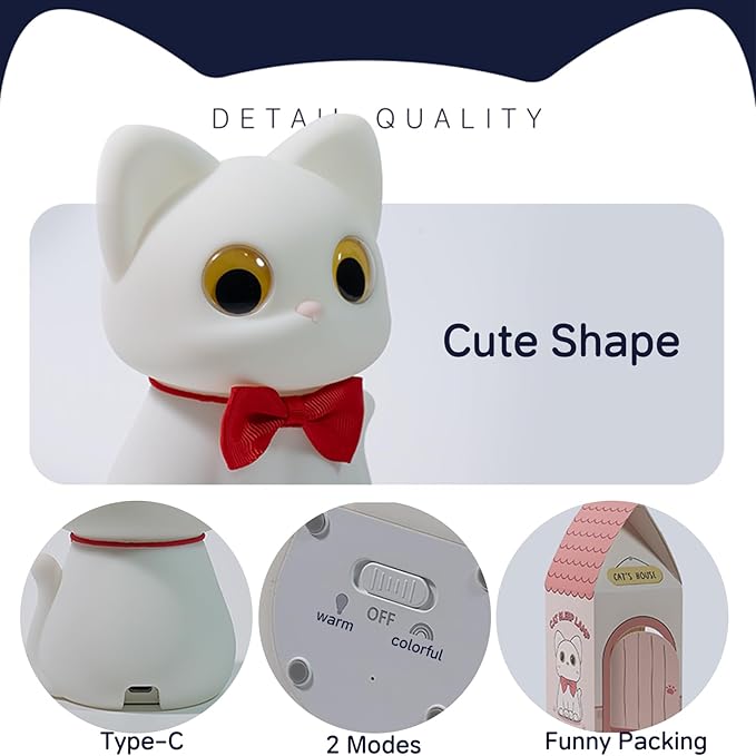 Kitty Cat Night Light for Kids, Cute Cat Lamp Portable Silicone Animal Nightlight Rechargeable Nursery Light for Baby Toddler Room, Kawaii Gifts for Boys Girls - Bloomnest