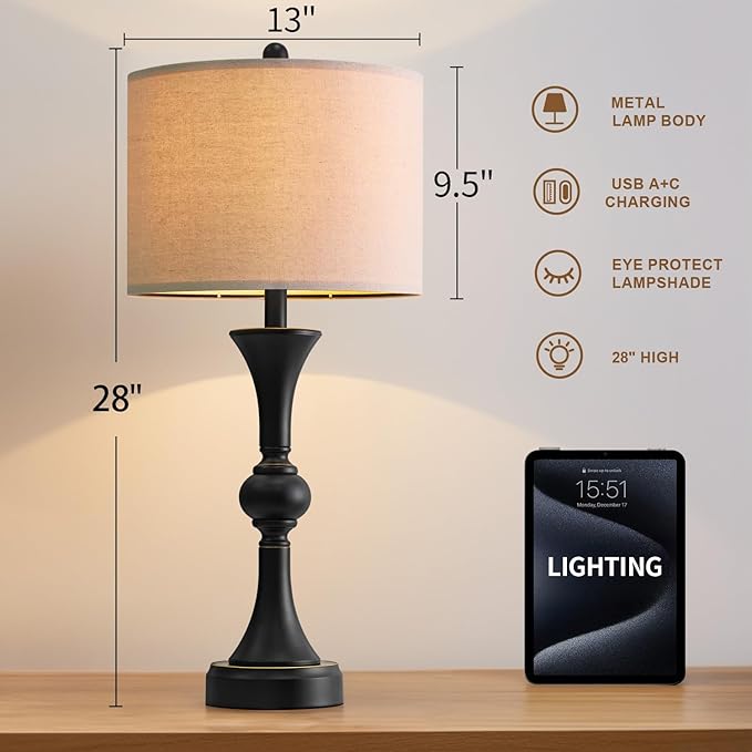 Table Lamps Set of 2, 28" Tall Bedside Table Lamp for Living Room, Bedroom, End Table Lamps with USB A+C Charging Ports, Modern Nightstand Lamps, Matte Black Finish, Farmhouse - Bloomnest