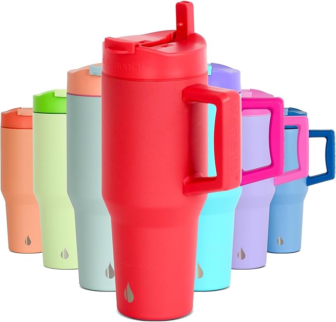 Elemental 32 oz 100% Leak Proof Tumbler with Handle & Straw - Stainless Steel Double Wall Insulated Tumbler for Hot and Cold Beverages - Travel Coffee Mug with Sip & Straw Lid - Red - Bloomnest