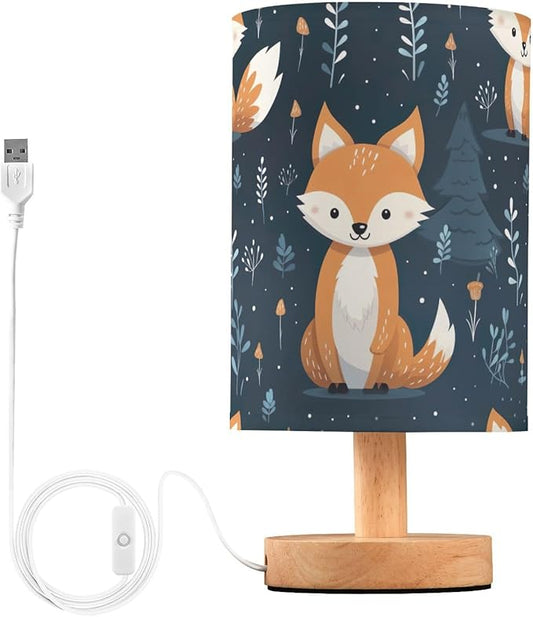 Bedside Lamp Cute Fox Animal Table Lamp with USB Port Wood Base for Living - Bloomnest