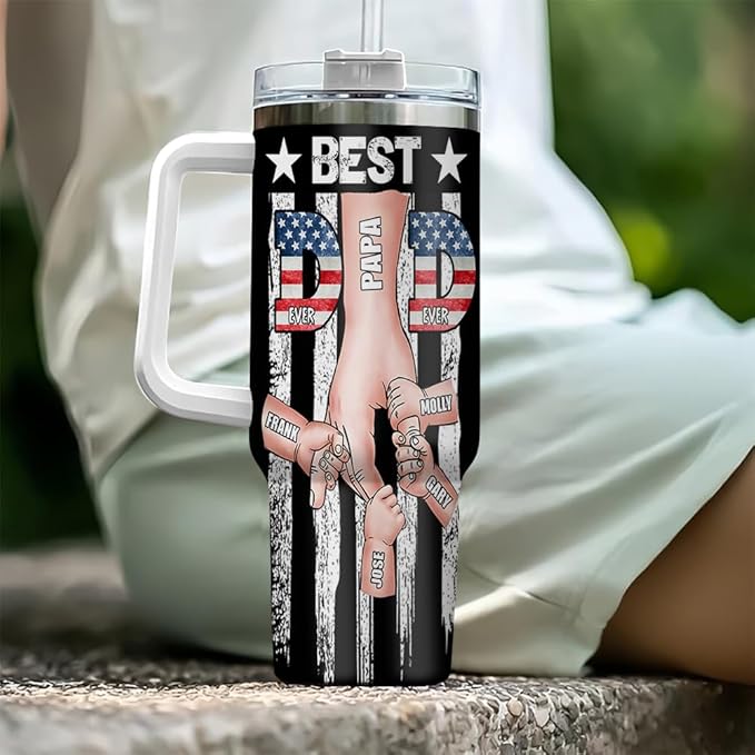 Personalized Best Dad Tumbler with Handle and Straw, Custom Names and USA Flag Design, Gift for Papa or Father from Kids, Father’s Day Mug Cup - Bloomnest