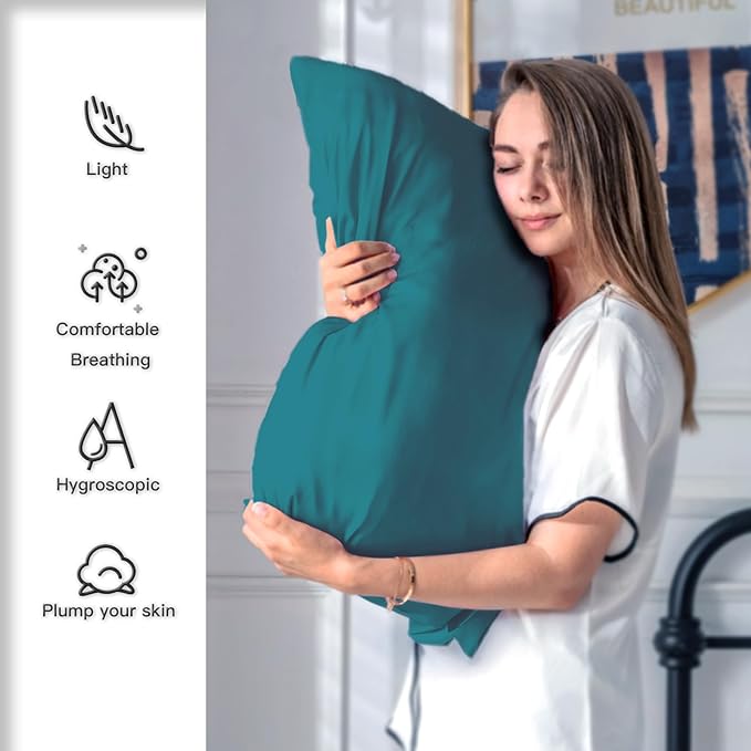 Mulberry Silk Pillowcase for Hair and Skin Standard Size 20"X 26" Pillow Case with Hidden Zipper Soft Breathable Smooth Cooling Silk Pillow Covers for Sleeping (Teal,Standard,1Pcs) - Bloomnest