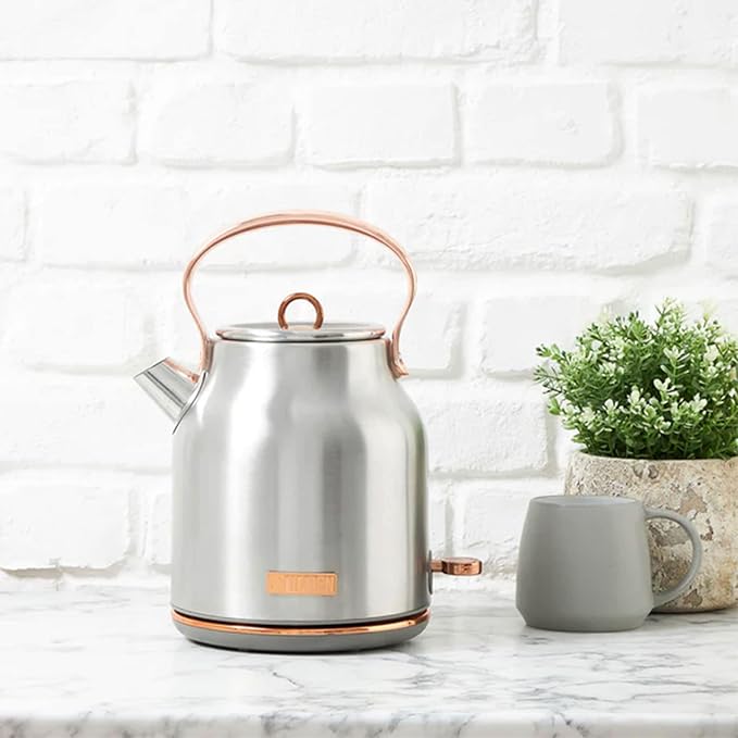 Haden Heritage 1.7 Liter Stainless Steel Electric Kettle, Hot Water Kettle with 360-Degree Base and Auto Shutoff, Steel & Copper - Bloomnest