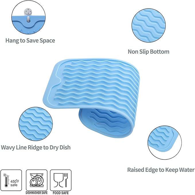 Silicone Dish Drying Mat for Multiple Usage,Easy clean,Eco-friendly,Heat-resistant Silicone Mat for Kitchen Counter or Sink,Refrigerator or Drawer Liner Light Blue S 12 inches x 6 inches - Bloomnest