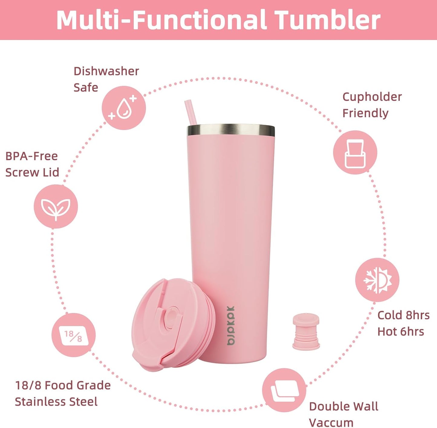 BJPKPK 30oz Tumbler With lid And Straw Stainless Steel Travel Coffee Mug Insulated Tumblers Cups,Light Pink