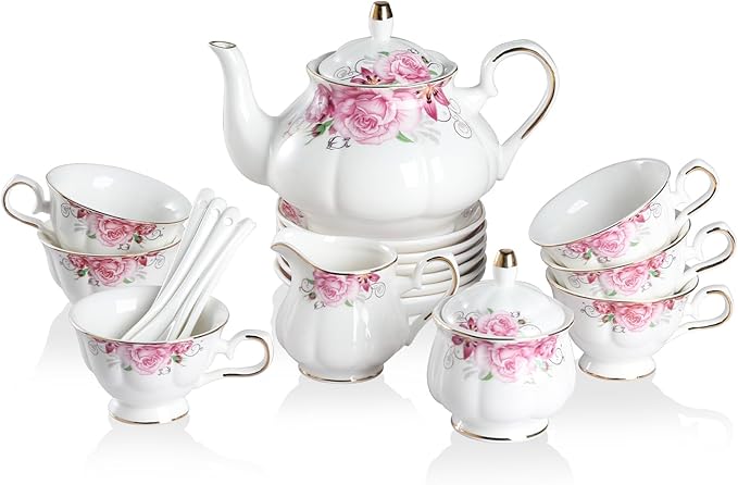 Sweejar Porcelain Tea Sets, Vintage British Floral Relief Gold Rimmed Teapot Cup and Saucer Set, Tea Set Service for 6, with Teapot, Sugar Bowl, Milk Jug, Spoons, Tea Cup and Saucer (Flower) - Bloomnest