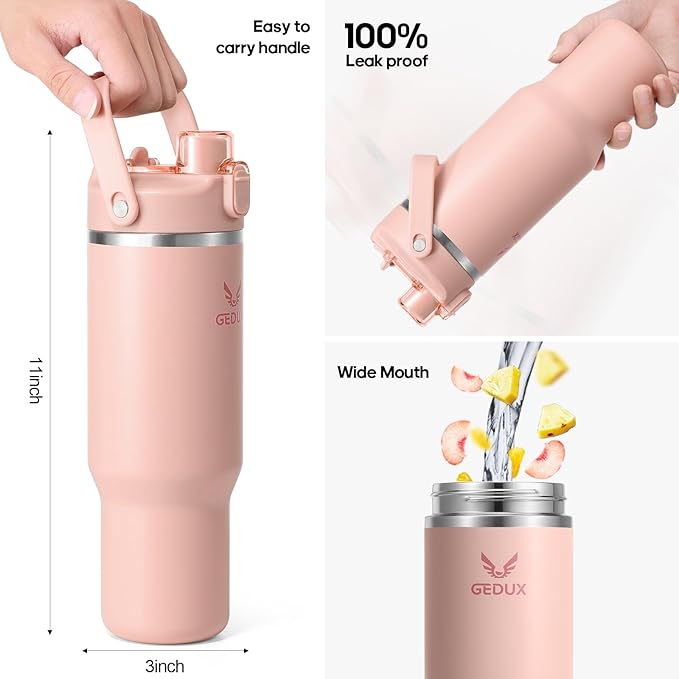 32 oz Stainless Steel Tumbler with Handle and Straw, Vacuum Insulated Water Bottle with 2-in-1 Lid (Chug/Straw) and Silicone Boot，Keeps Drinks Hot and Cold - Bloomnest