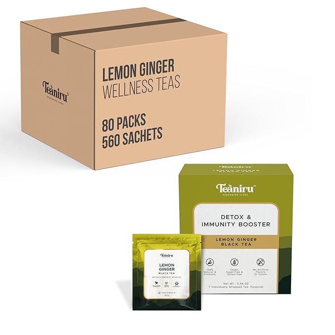 Teaniru, Lemon Ginger Tea, 1 Carton (Box of 80) - 560 Sachets | Pyramid Tea Bag | Wellness Tea For Corporates & Restaurant & Tea Lovers | Gluten Free, Sugar-Free - Brew Hot or Cold - Bloomnest