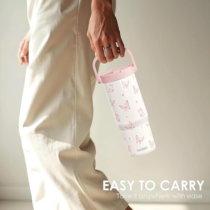 SANDJEST Butterfly Stainless Steel Straw Lid Tumbler 30oz with Carry Handle for Women Girls, Insulated Travel Coffee Cup, Gift for Sports Outdoor Workout Christmas Birthday - Bloomnest