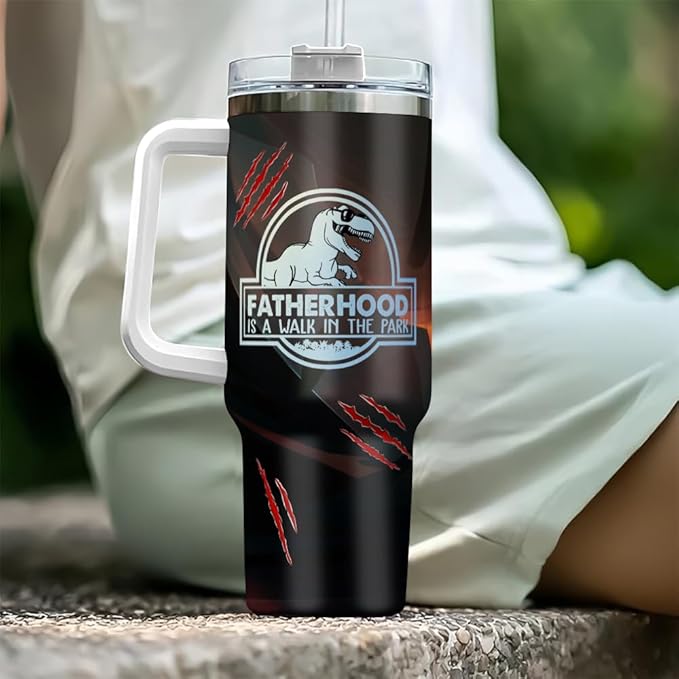 Personalized Dinosaur Dad Tumbler with Handle and Straw, Custom Cute Dino Kids’ Names and Claw Mark Design, Funny Father’s Day Gift for Cool Daddy or Papa - Bloomnest