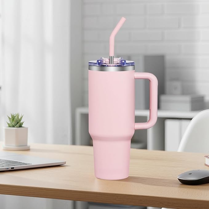COKTIK 40 oz Tumbler With Handle and Straw Lid, Vacuum Insulated Travel Coffee Mug Stainless Steel Insulated Cup for Beverages, Leak-proof, Cupholder Friendly (Blush) - Bloomnest