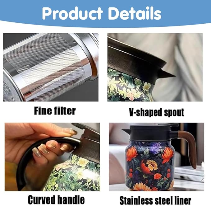 Vintage Floral Pattern Teapot,Vintage Teapot Built-in Infuser Stainless Steel Thermal Carafe with Lid for Hot Drinks(Wooden handle,35oz) - Bloomnest
