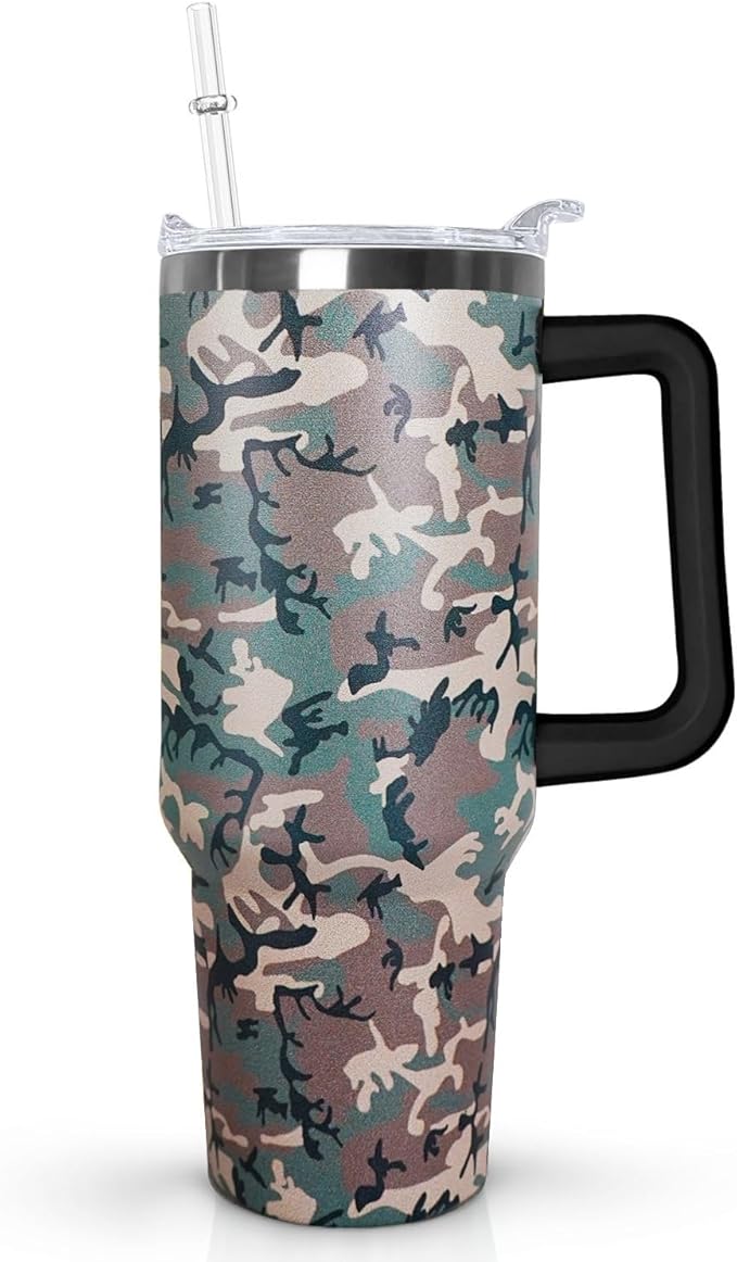 Ceovfoi 40 oz Camo Tumbler with Handle Lid and Straw, Hunting Gifts for Men Women,Camo Tumbler Travel Coffee Cup Mug Water Botter - Bloomnest