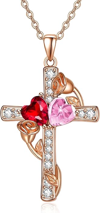 Rose Gold Dual Birthstones Cross Necklace for Women Rose Flower Jewelry Anniversary Christmas Mother's Valentine's Day Birthday Gift for Wife Girlfriend Mom - Bloomnest
