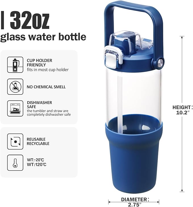 Glass Tumbler with Carry Handle, Clear Glass Water Bottle with Leakproof Lid, Spout Lid&Straw, BPA-Free, 32 oz, DBlue - Bloomnest