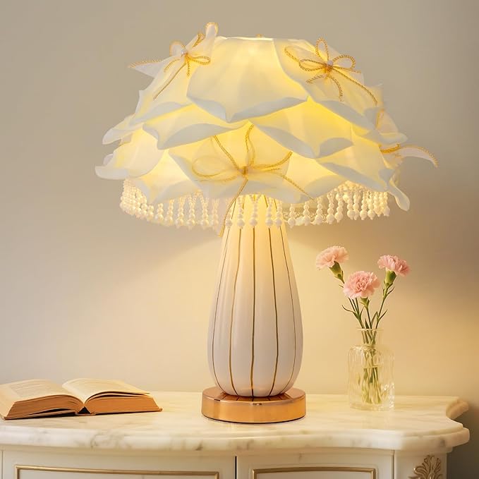 White Flower Girls Table Lamp Modern Princess Desk Lamp Cute Bow Bedside Lamp Nordic Nightstand Petal Light for Bedroom Valentines Dating Wedding Living Room Entry Office Study Room - Bloomnest