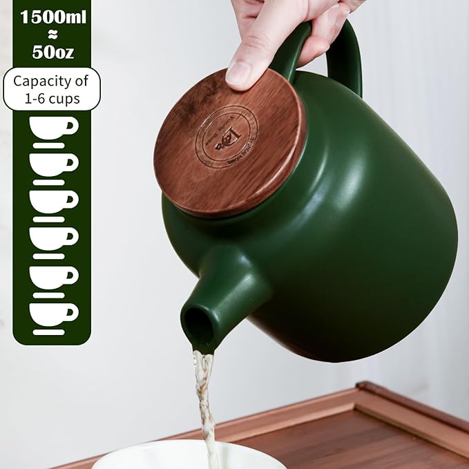 Yundu 1500ml / 50 oz Ceramic Teapot with Infuser & Wood Lid - Matte Green, Loose Leaf Tea Pot with Removable Strainer, Large Capacity - Bloomnest