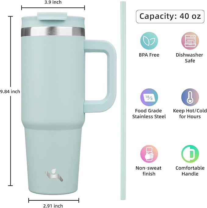 40 oz Tumbler with Handle and 2 Straws,2 in 1 Lid Insulated Water Bottle Stainless Steel Travel Coffee Mug,Blue Haze - Bloomnest